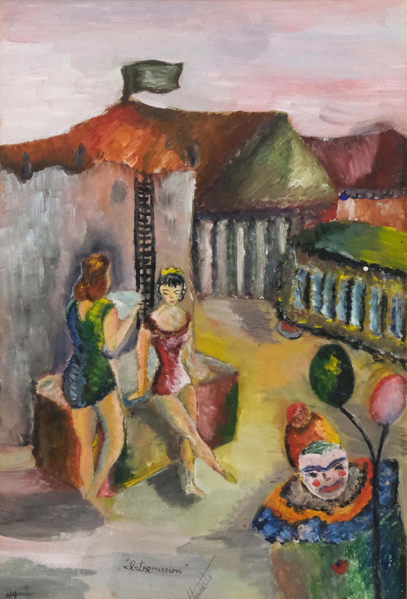 American School, "Intermission": American, mid-century oil on paper depicting circus performers busying themselves outside the big top between acts, titled "Intermission" and signed "Henriette" l.c., additionally signed "H. S." l.l.,