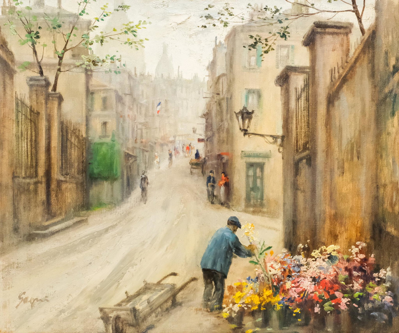 Paul Gagni, "Montmartre, Paris": Paul Gagni (French, 1893-1962), oil on canvas depicting a rainy Paris street punctuated by the vibrant wares of the flower vendor at the end of the road, signed l.l., 20" x 24" canvas, 27 1/4" x 31" f