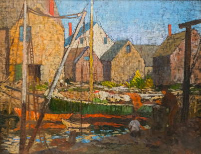 Yarnall Abbott, Boatyard: Yarnall Abbott (American, 1870-1938), early 20th century oil on canvas depicting an impressionistic harbor scene on a sunny afternoon, 28" x 36" canvas, 37 3/4" x 46" framed.