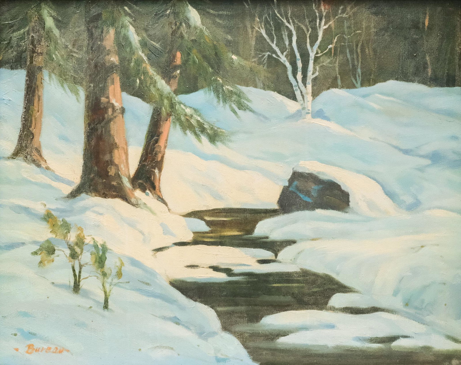 American School, Snowy Landscape: American, early 20th century oil on canvas depicting a stream cutting through the snow, signed illegibly l.l., 16" x 20" canvas, 21 1/2" x 25 1/2" framed.