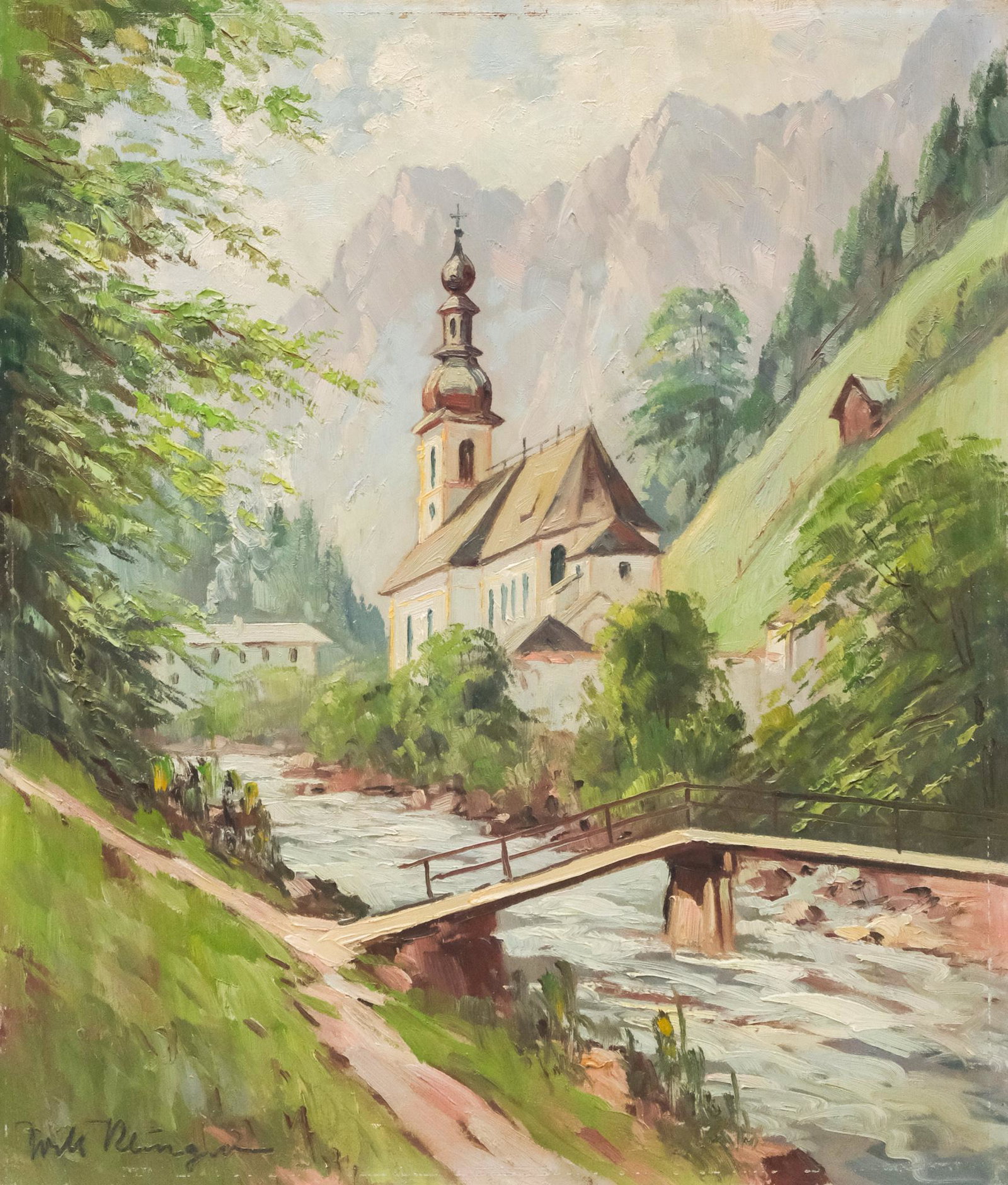 Impressionist Chapel by a Stream: Early 20th century impressionist oil on panel depicting a chapel by a stream at the foot of green hills and in the shadow of nearby mountains, signed illegibly l.l., 16" x 19" panel.