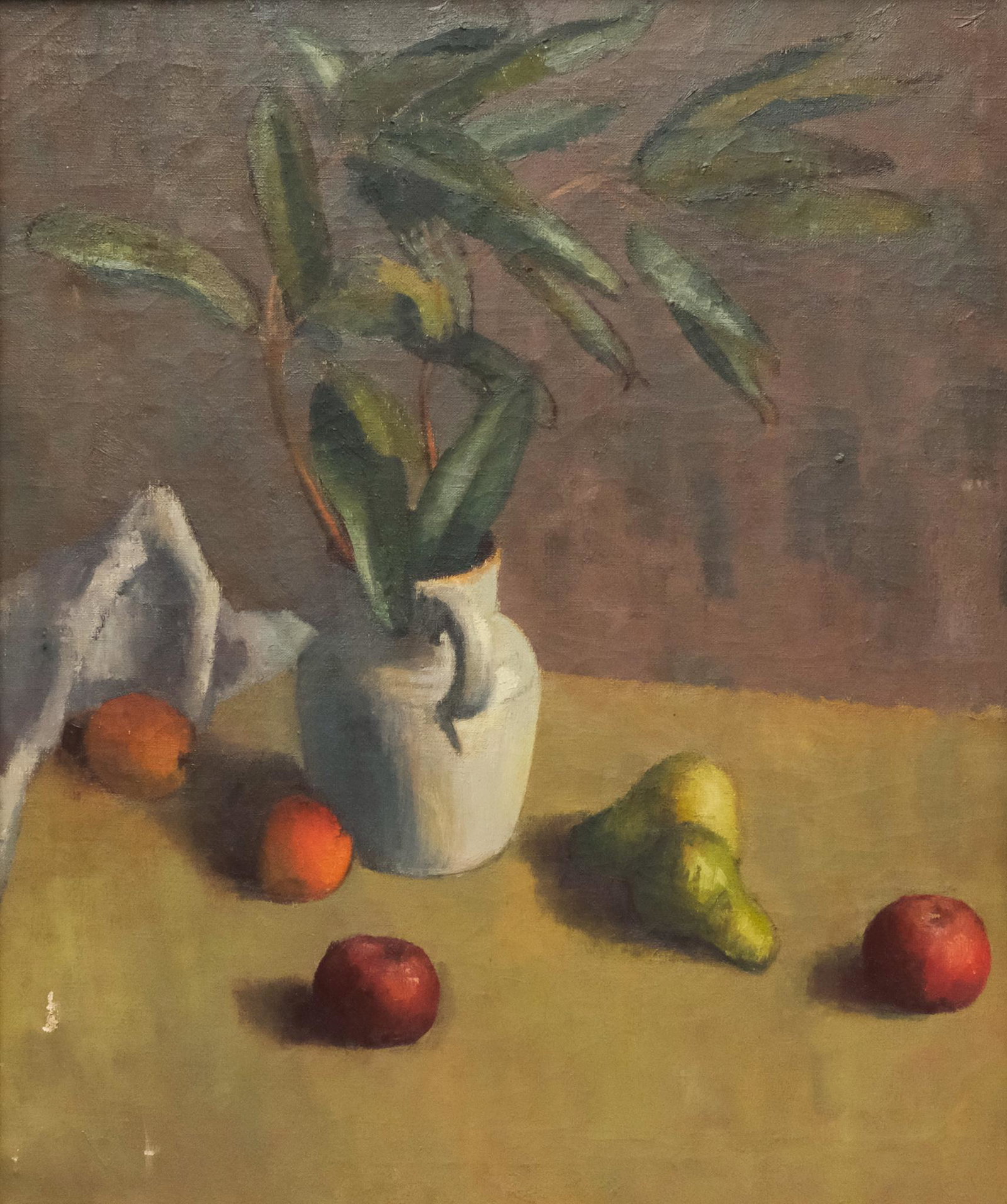 American School, Still Life of Fruit: American, early 20th century oil on canvas depicting a still life of fruit and branches in a pitcher of water, 25 1/4" x 30" canvas, 29 1/2" x 34 1/4" framed.