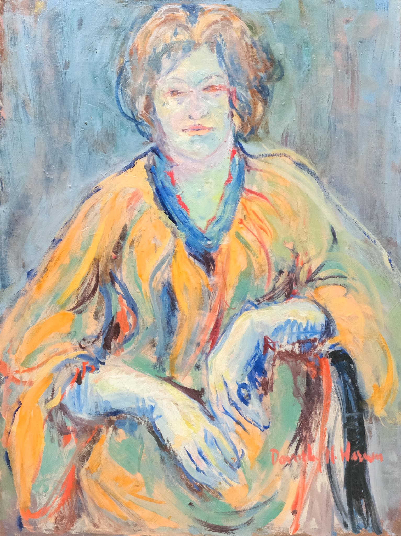 Dorothy M. Warren, Portrait of a Woman in a Caftan: Dorothy M. Warren (American, 20th century), oil on canvas depicting a vibrant and abstract portrait of a woman in a bright caftan, signed l.r., 23 3/4" x 31 1/2" canvas.