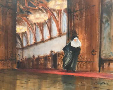 M. T. Crawford, Nun Exiting the Church: Michael Thomas Crawford (American, 1945-2016), a dynamic watercolor and gouache on paper depicting a nun hastily leaving a church mid-service, her robes and crucifix flying behind her, signed l.r., 21