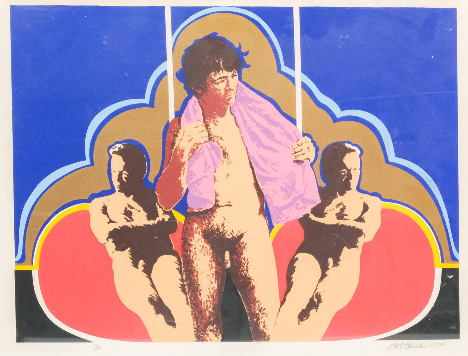 Bob Click, Homoerotic Print: Bob Click (American, born 1931), 1974, print on paper depicting three male nude figures, the central one appearing to have just gotten out of the shower, numbered "5/25" l.l., signed and dated l.r., 1