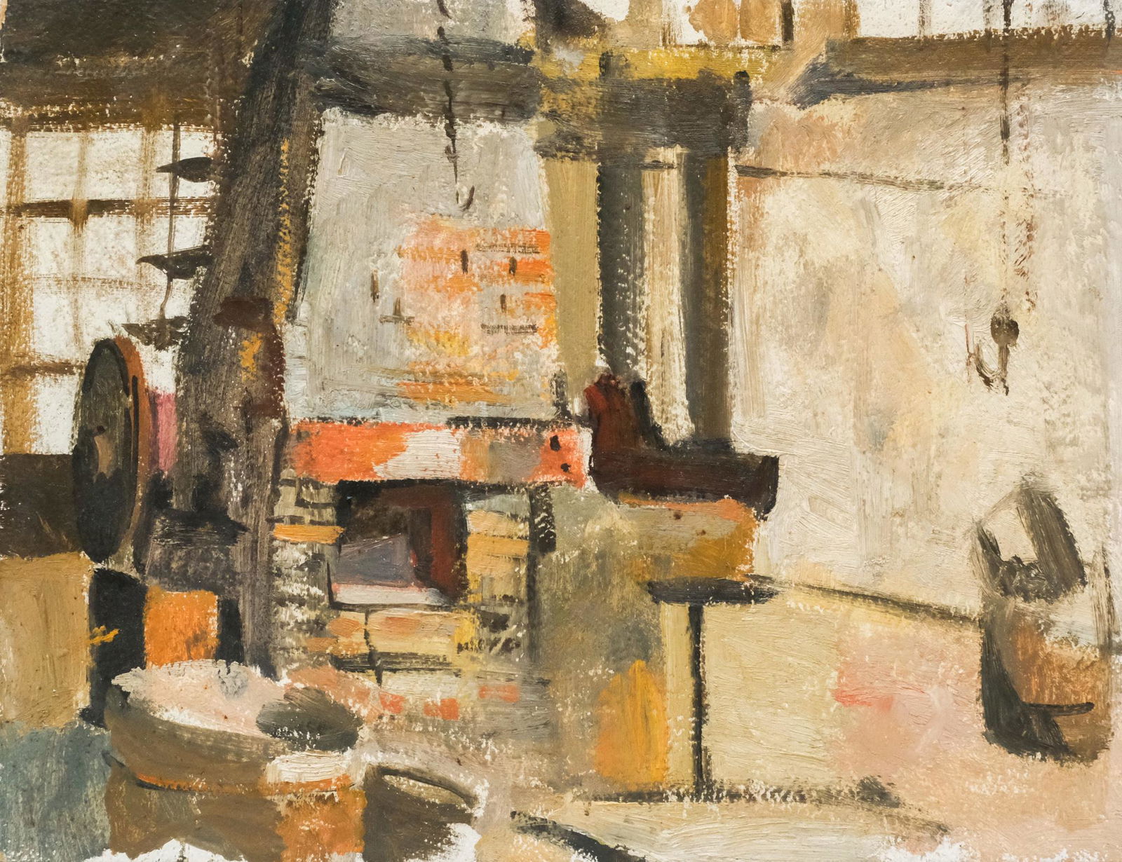 William James Flynn, Abstract Interior: William James Flynn, 20th century oil on panel depicting an abstract rendering of a crowded interior, signed verso, 9" x 11 3/4" panel.