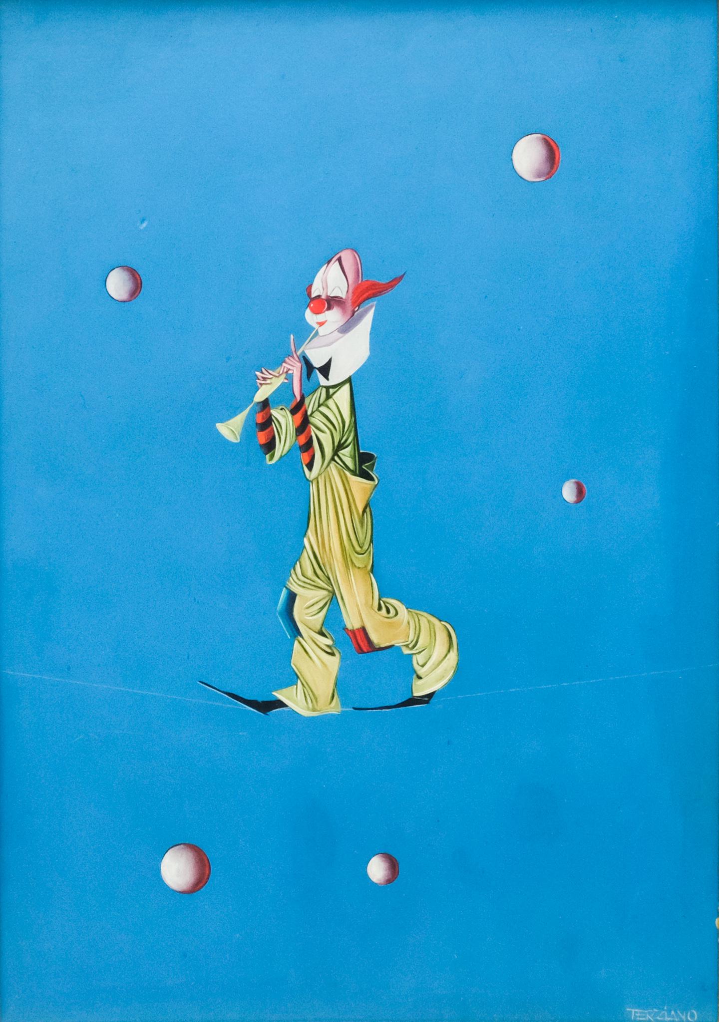 Terziano, Clown On a Tightrope: Terziano (Italian, 20th century), oil on board depicting a clown playing a pipe as he strides across a Tightrope over a solid blue background, signed l.r., 9" x 13" sight, 15 1/2" x 19 1/2" framed.