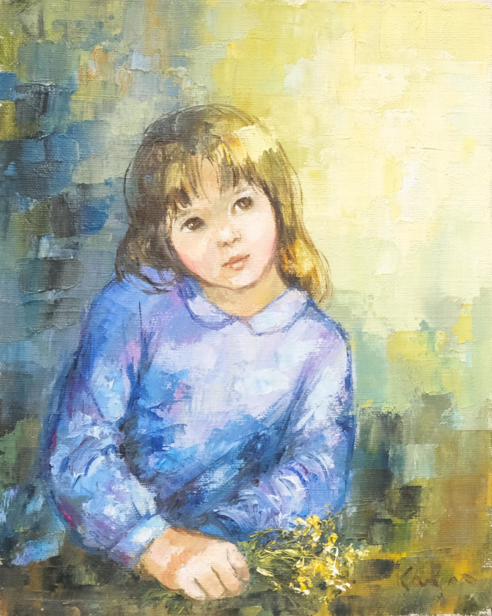 American School, Portrait of a Young Girl: American, circa 1970s, oil on canvas depicting a young girl in blue, clutching a handful of yellow flowers, signed illegibly l.r., 8" x 10" canvas.