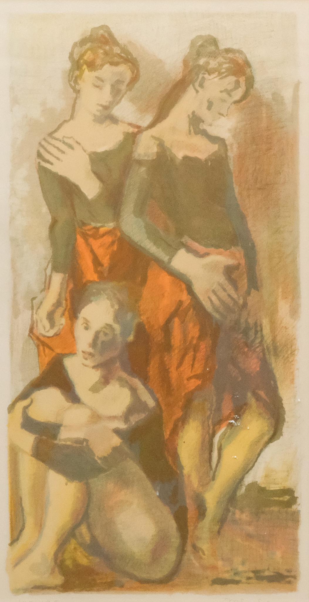Moses Soyer, Three Dancers Framed Lithograph: Moses Soyer (American, 1899-1974), lithograph on paper depicting three young dancers in black leotards, two standing in their red skirts, one seated without, creating an elongated composition, signed