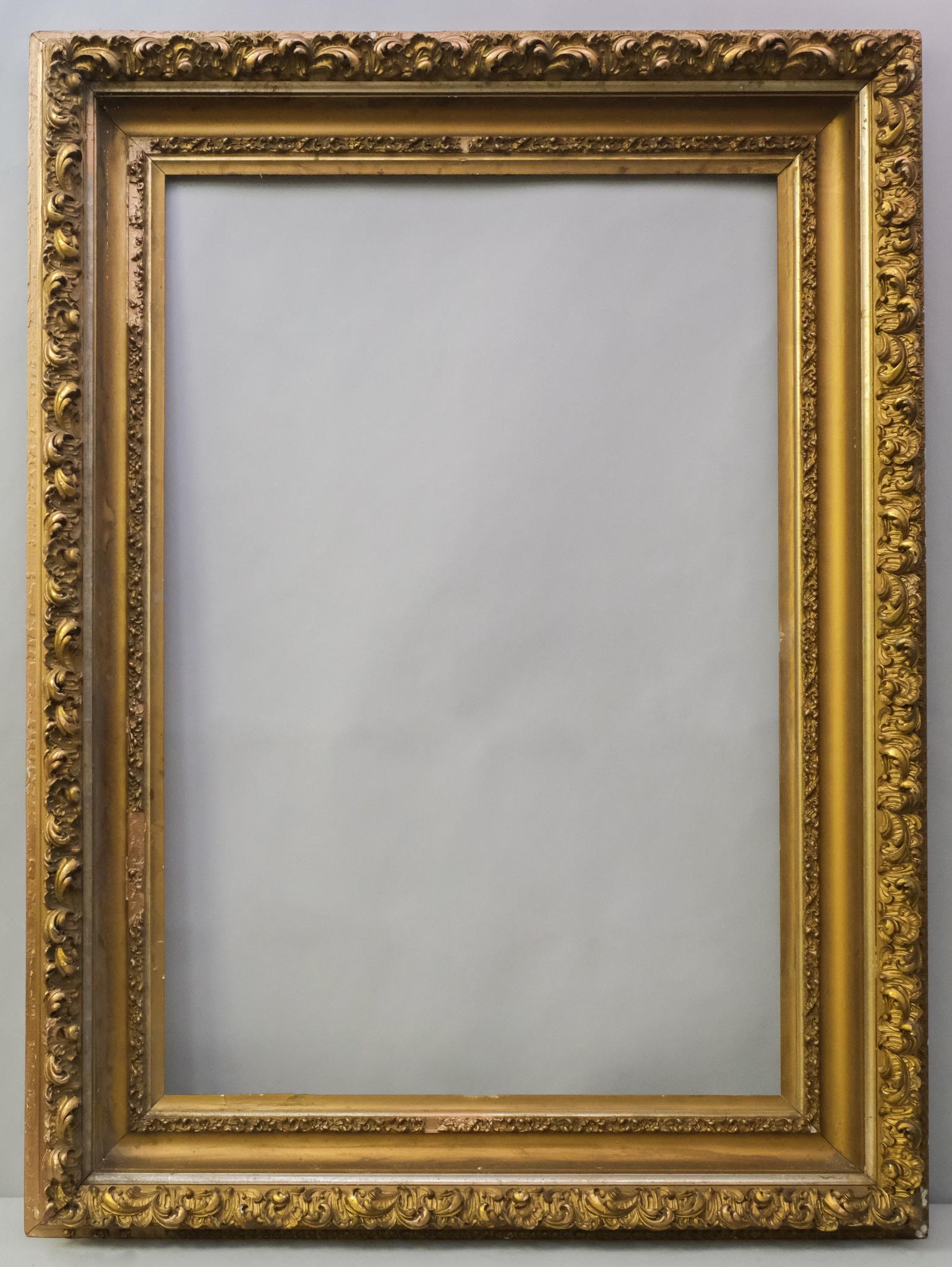 American Barbizon Frame: American ca. 1880, gilt frame having a cove profile in a great large size. Overall 42 3/4" X 57 1/2", Rabbet 30" X 45", Molding 6 1/2"