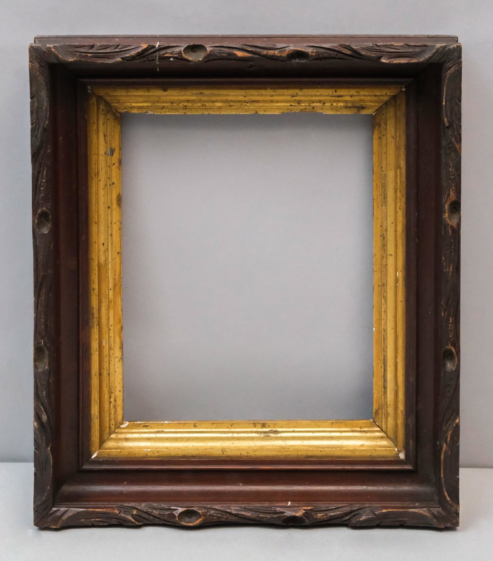 American Aesthetic Movement Faux Bois Frame: American, ca. 1870, having carved top edge with gilt liner. Overall 12" X 14 1/2", Rabbet 8" X 10", Molding 2 1/2"