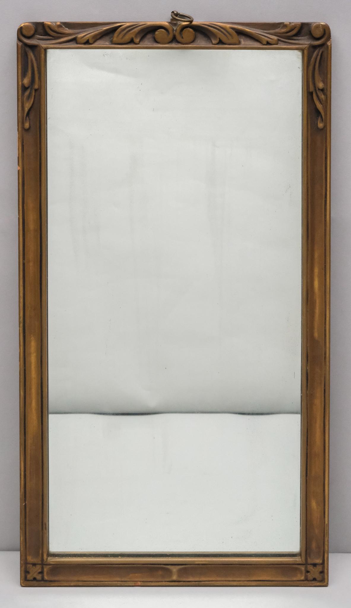 Art Nouveau Gilt Mirror Frame: American, ca. 1900, hand carved and gilded, likely made by Foster Bros., bears label for Jordan Marsh verso. Rabbet: 10" X 20", Overall: 11 1/2" X 21 1/2", Molding: 1"