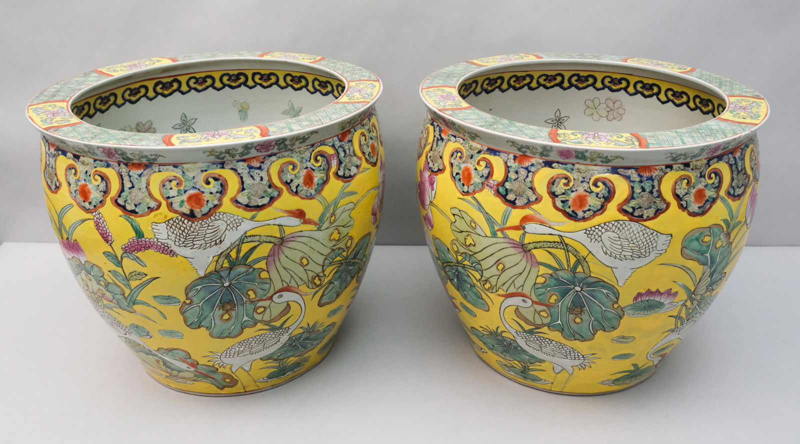 Antique Pair of Chinese Famille Jaune Fish Bowls (1 of 9)