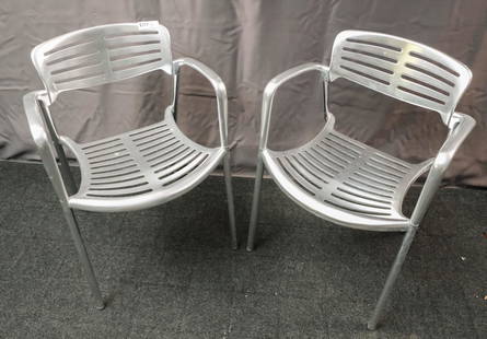 Pair of Jorge Pensi "Toledo" Chairs: Pair of Jorge Pensi for Amat (for Knoll) cast-aluminum "Toledo" stacking chairs, stamped "Toledo Design Jorge Pensi for Amat, Made in Spain" on the bottom, circa 1986, 30 1/2" H x 22" W x 21" D.