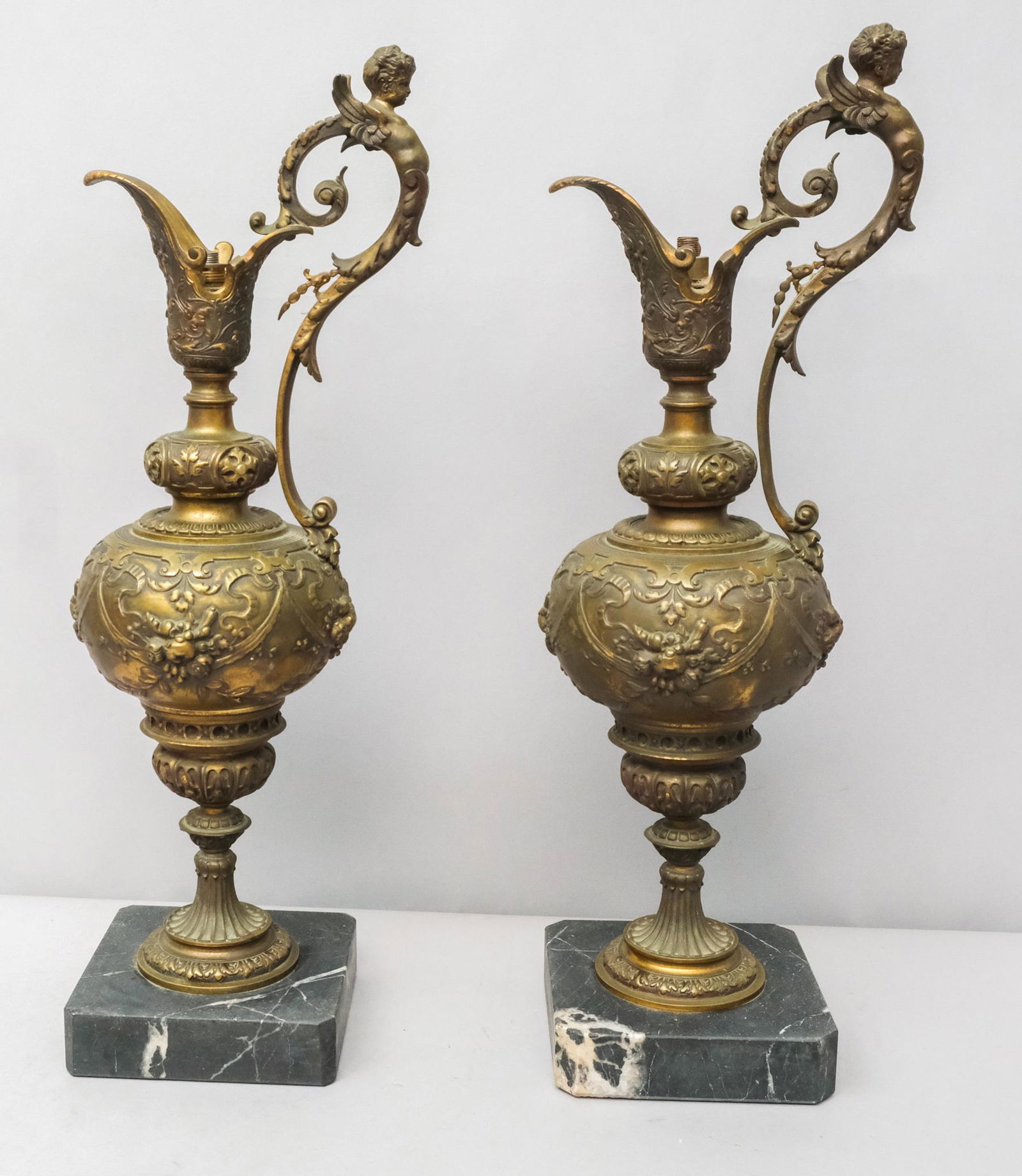Antique Pair Bronze Ewers on Marble Pedestals (1 of 8)