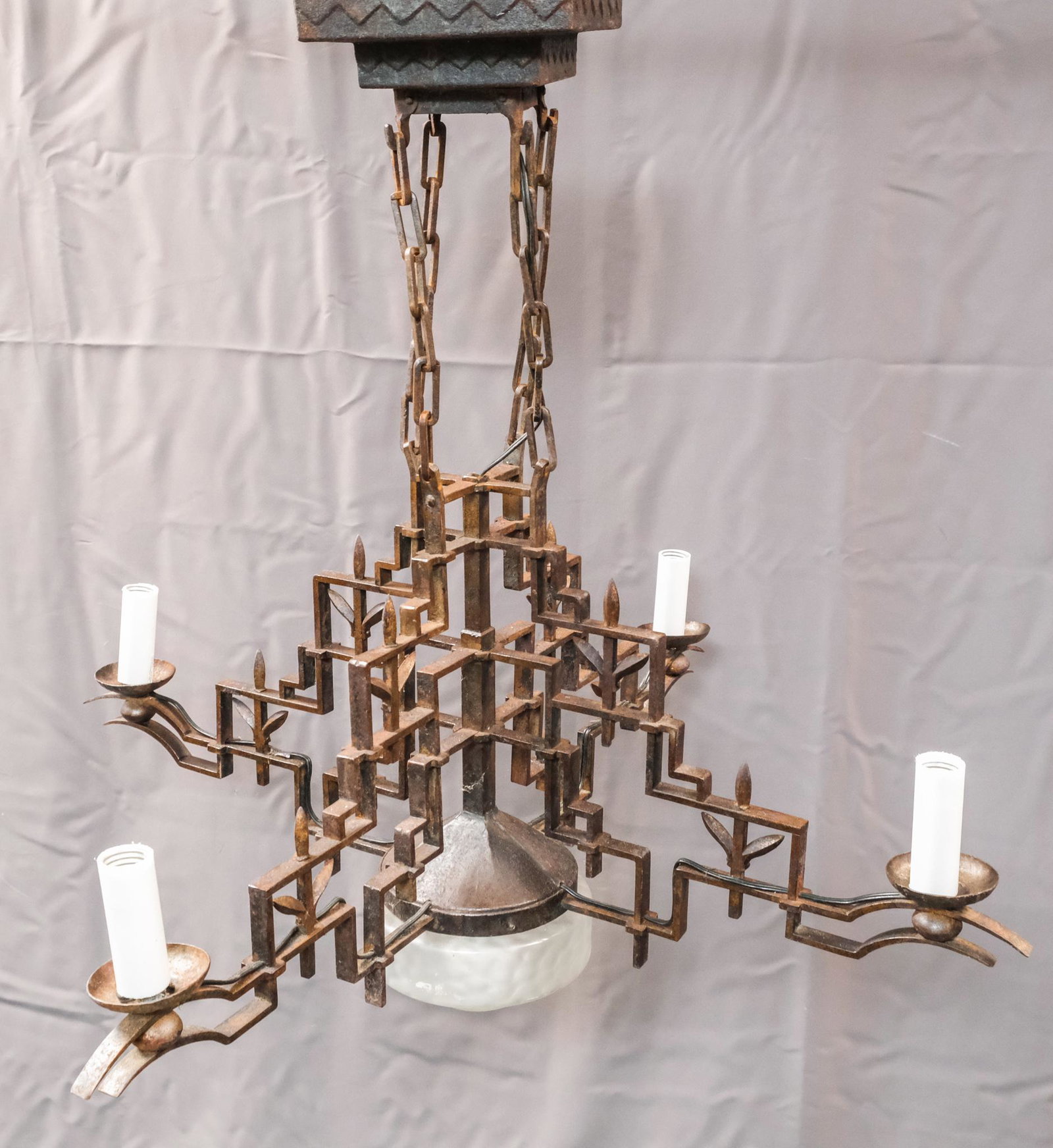Wrought Metal Secessionist Chandelier: Antique secessionist chandelier, late 19th / early 20th century, geometric form, steel & glass, wired for 5 bulbs. Measures 34" X 34" X 32" full hanging height. Age related patination to metal but oth