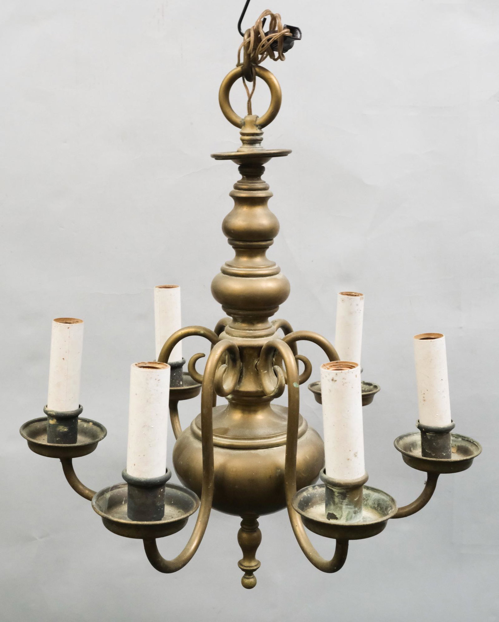 Cast Brass Chandelier: 19th century cast brass chandelier with six scrolled arms, 23" H x 20" W x 20" L.