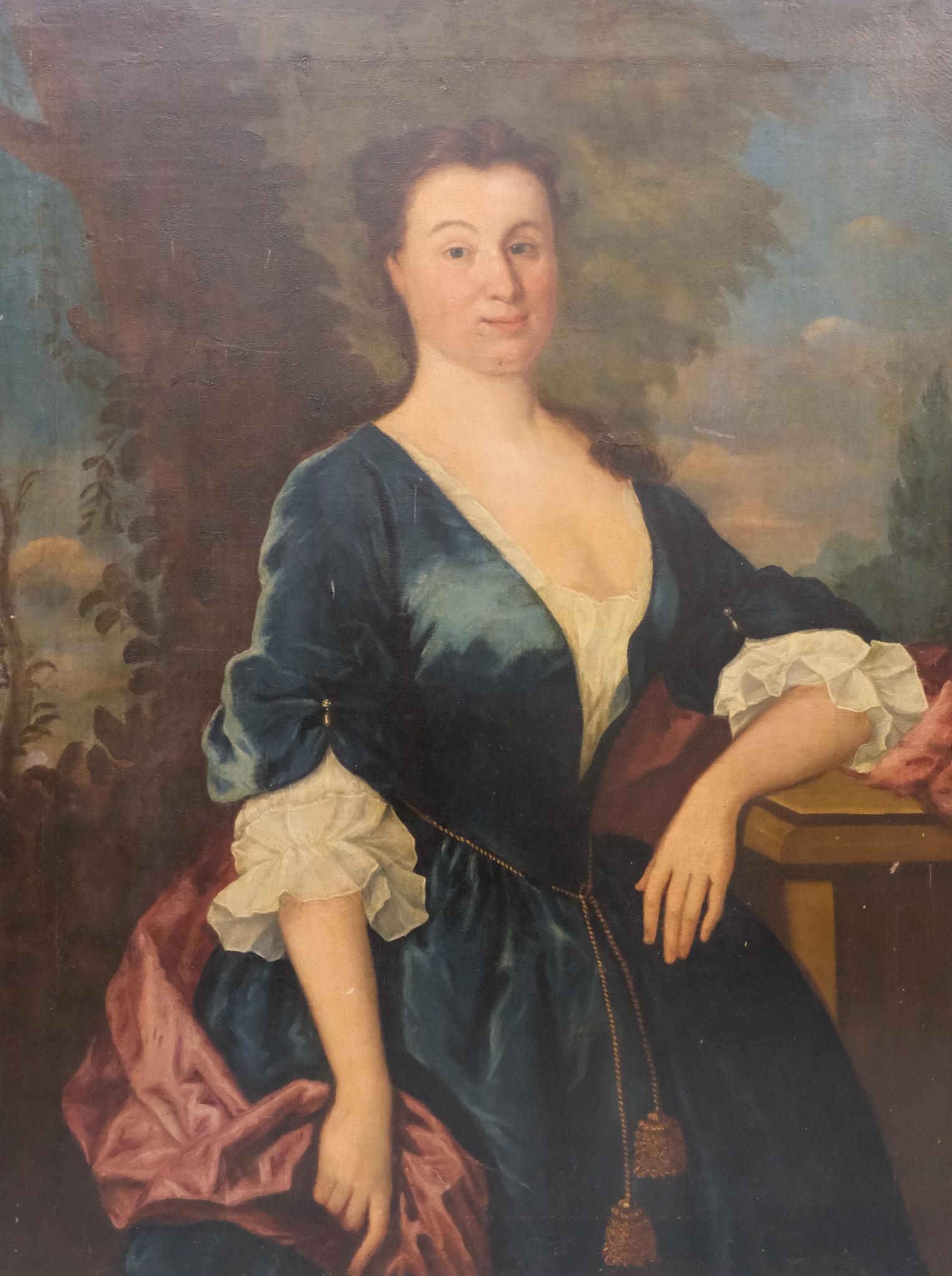 European School, Portrait of a Lady: European, 18th century oil on canvas depicting a smiling woman in a silky blue dress, posed on a balcony, 35 1/2" x 47" canvas.
