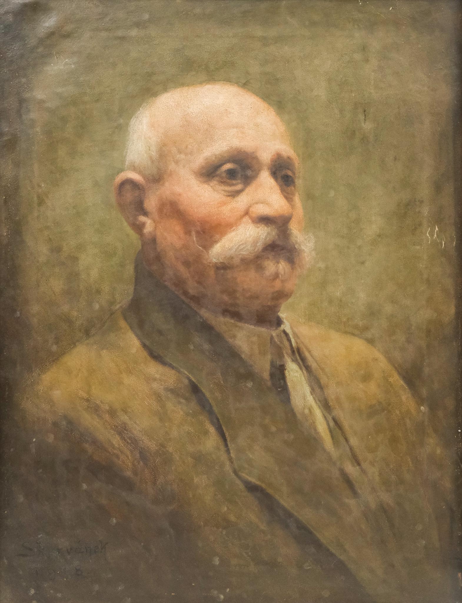 American School, Portrait of a Mustachioed Man: American, 1918, oil on canvas depicting an older gentleman with a white mustache, signed illegibly and dated l.l., 15 3/4" x 20 1/2" canvas, 18" x 23" framed.