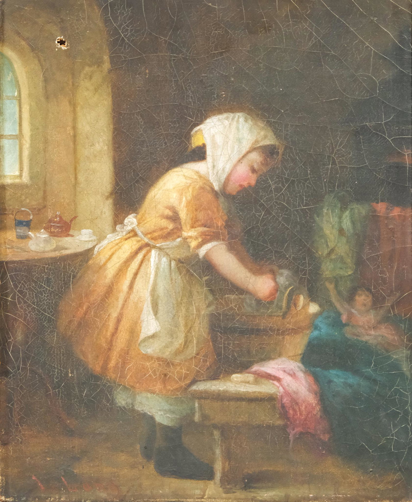 Louis Lang, Genre Painting of a Girl: Louis Lang (American, 1814-1893), oil on canvas depicting a young girl, amid her toys and tea set, toiling at the wash basin, signed "L. Lang" l.l., with a small brass plaque inscribed "Louis Lang" ve