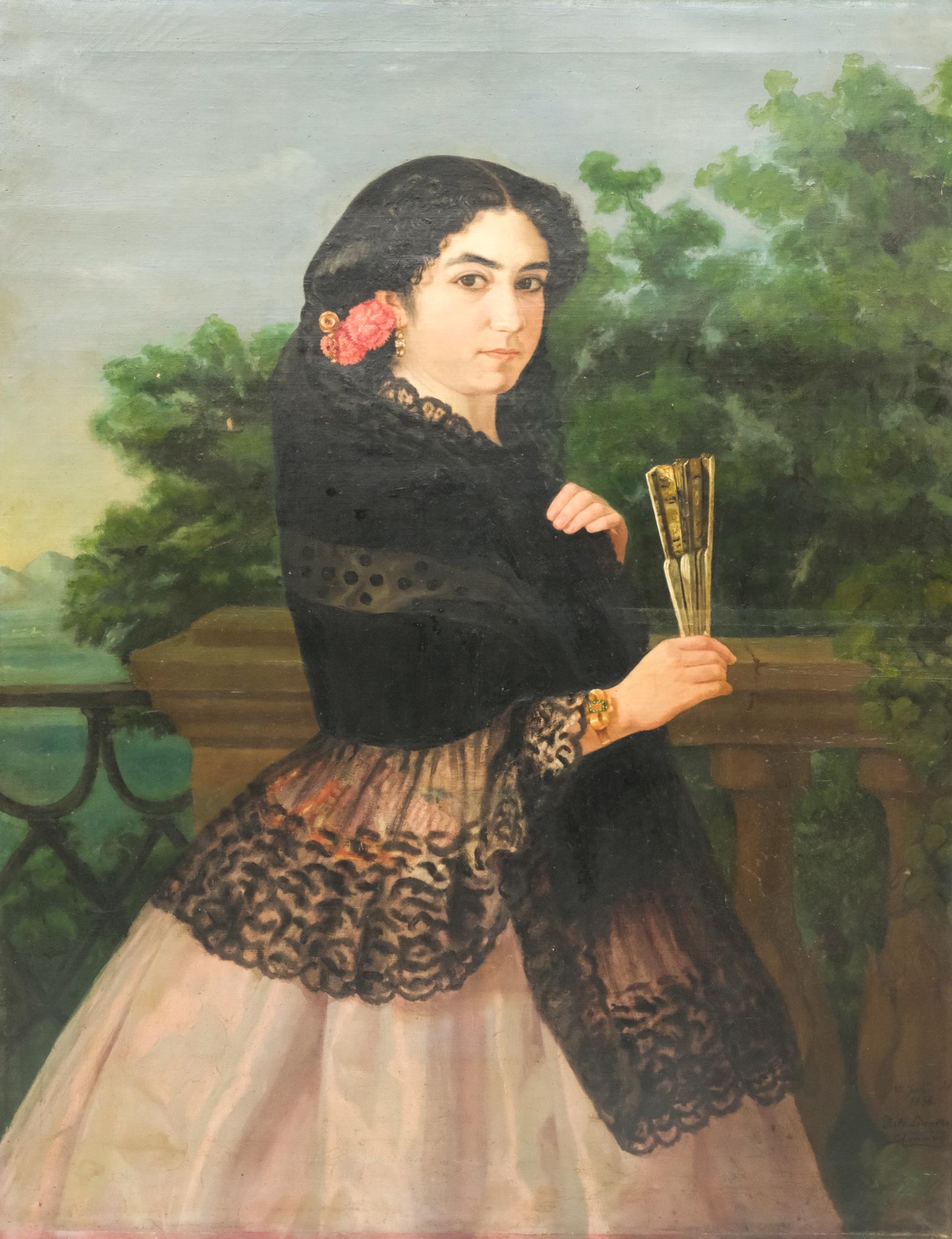 Spanish School, Portrait of a Lady: Spanish, 1856 oil on canvas depicting a dark-haired lady in a black lace shawl, standing on a balcony, dated and identified illegibly l.r., 32" x 41" canvas.