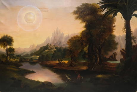 Erastus S. Field, "The Voyage of Life - Youth": Attributed to Erastus Salisbury Field (American, 1805-1900), oil on canvas after Thomas Cole (American,1801-1848), "The Voyage of Life - Youth", 31" x 46" canvas.