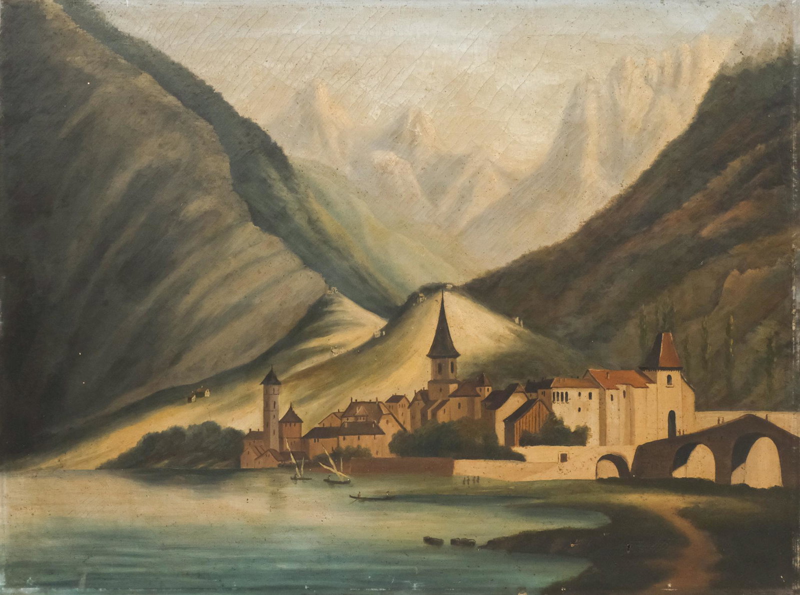 American School, Village by the Lake: American, 19th century oil on canvas depicting a small lakeside village in a valley, Baltimore canvas stamp verso, 26 3/4" x 36" canvas.
