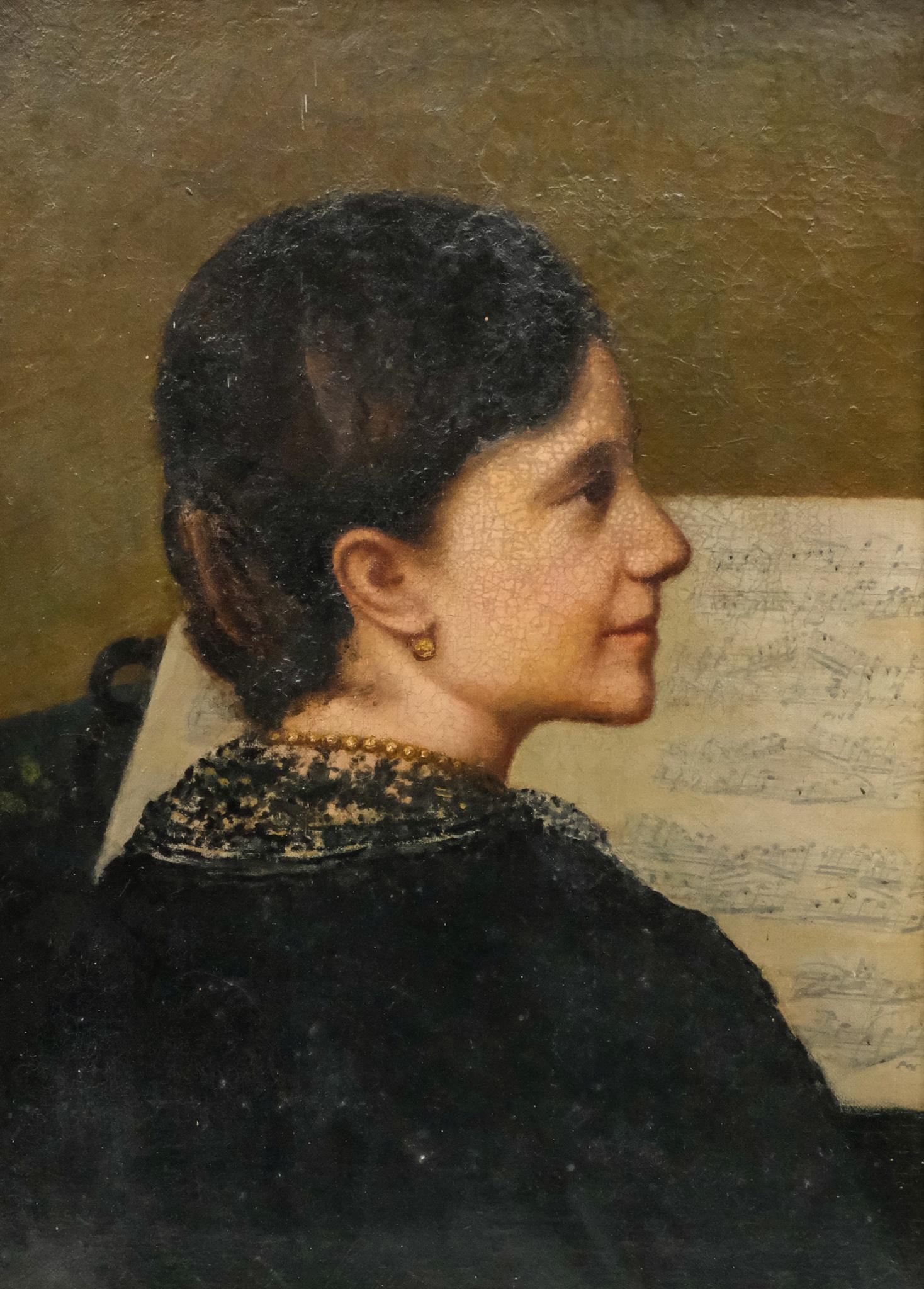 American School, Portrait of a Lady at the Piano: American, 19th century oil on canvas depicting a woman in gold jewelry seated at the piano, signed illegibly l.r., 16" x 21 1/2" canvas, 20 1/2" x 26 1/4" framed.