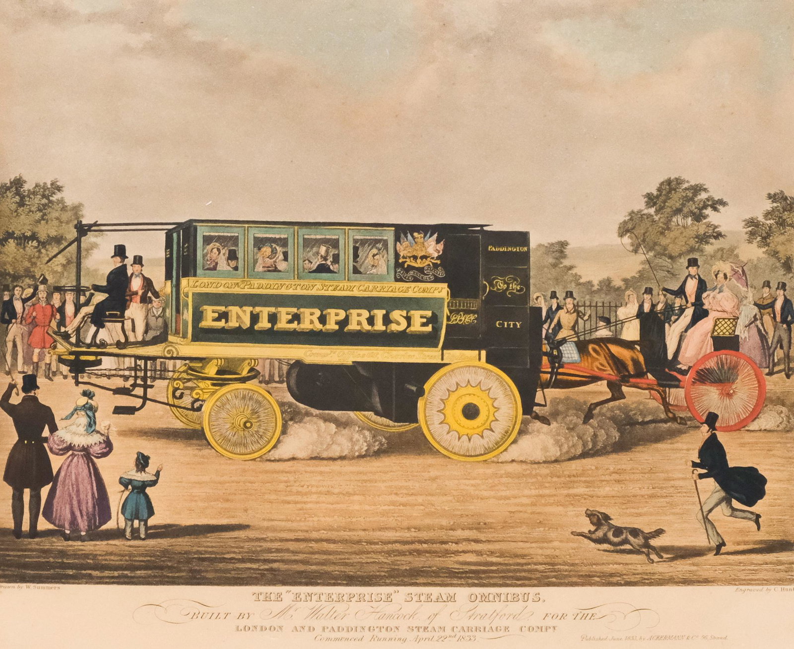 English "Enterprise" Engraving: English, 19th century engraving on paper of the "The 'Enterprise' Steam Omnibus", drawn by W. Summers and engraved by C. Hunt, 19 1/2" x 24 3/4" paper, 21" x 26" framed.