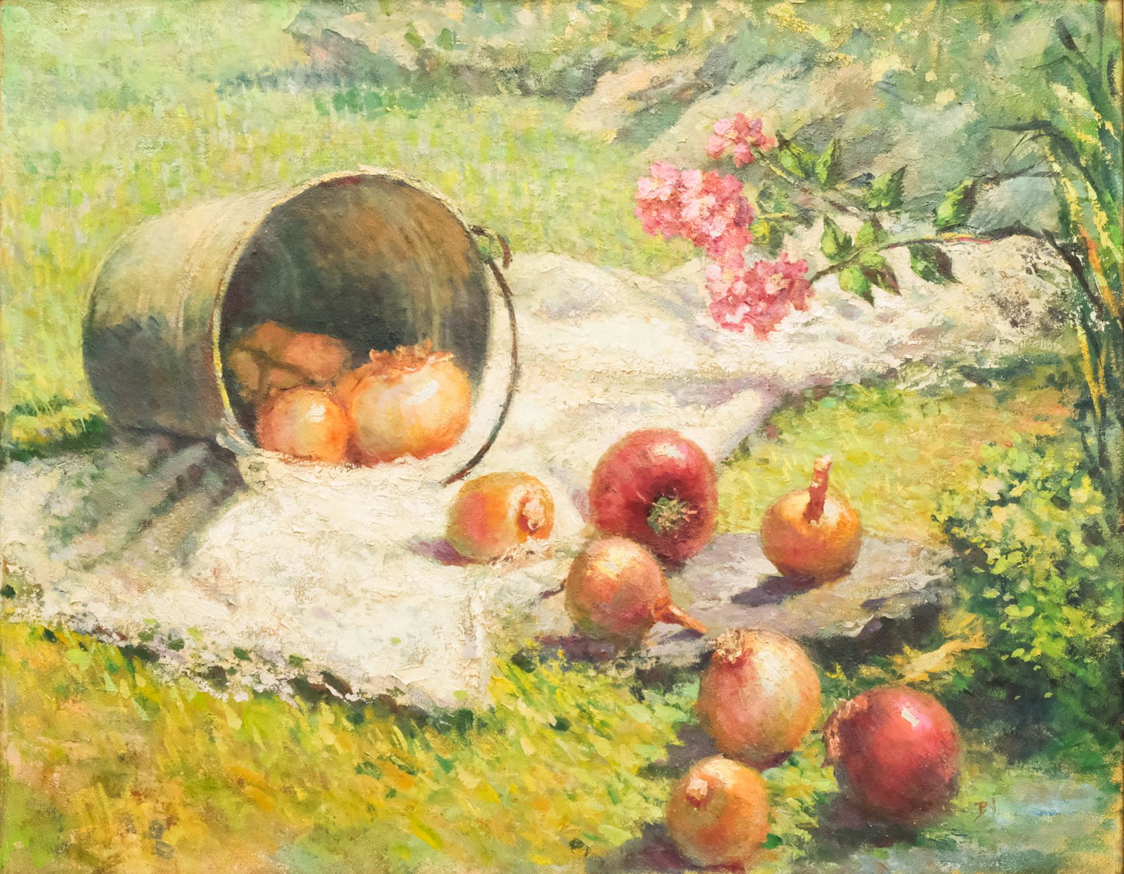 French School, Onions: French, early 20th century impressionist oil on canvas depicting an overturned bucket of onions on the grass, signed illegibly l.r., 22" x 28" canvas, 26 1/2" x 32 1/4" framed.