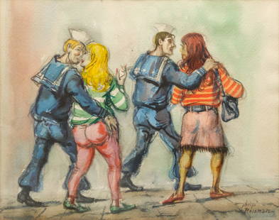 Philip Reisman, "Sailor's Rendezvous": Philip Reisman (Polish-American, 1904-1992), watercolor on paper depicting two sailors walking with two women, signed l.r., labeled verso, 10" x 12" paper, 16" x 18" framed.