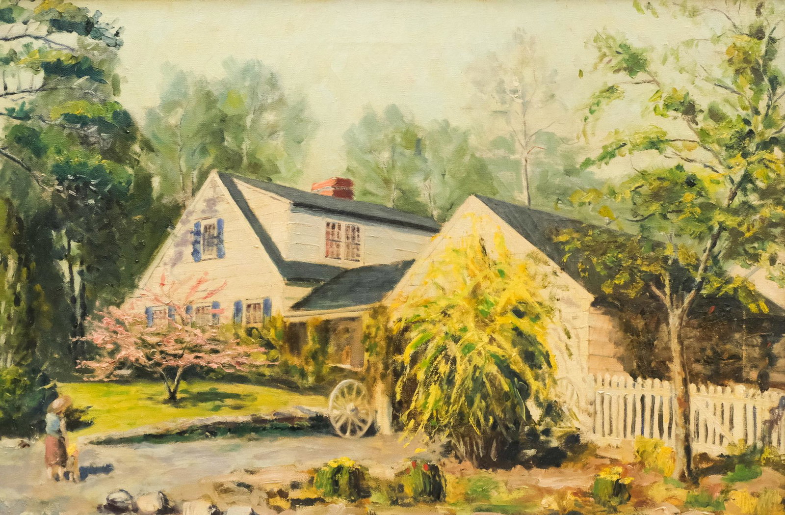 American School, A House with a Driveway: American, early 20th century oil on canvas depicting a home with a mother and child standing at the end of the driveway looking at the house, 18" x 27" canvas, 24 1/2" x 33 1/2" framed.