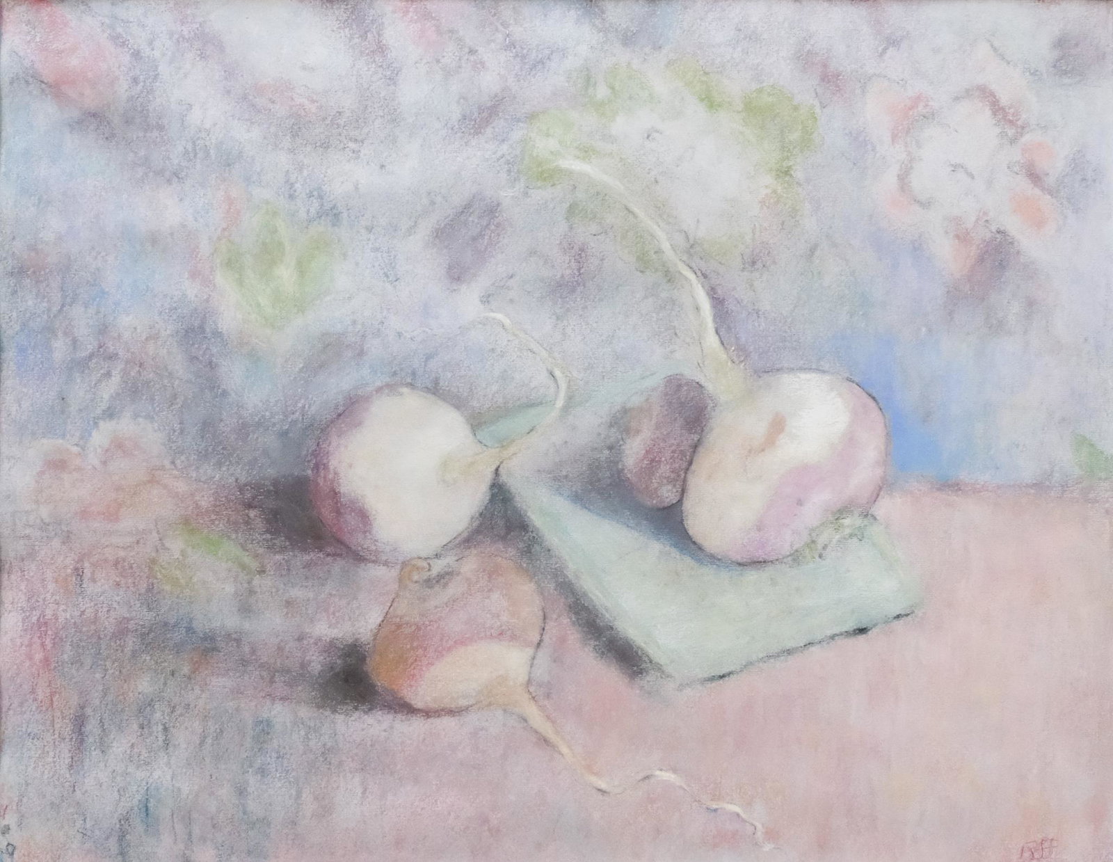 American School, Still Life with Turnips: American, 20th century pastel on paper still life with turnips, signed illegibly l.r., 17 1/2" x 22 1/2" sight, 24 1/4" x 30 1/4" framed.