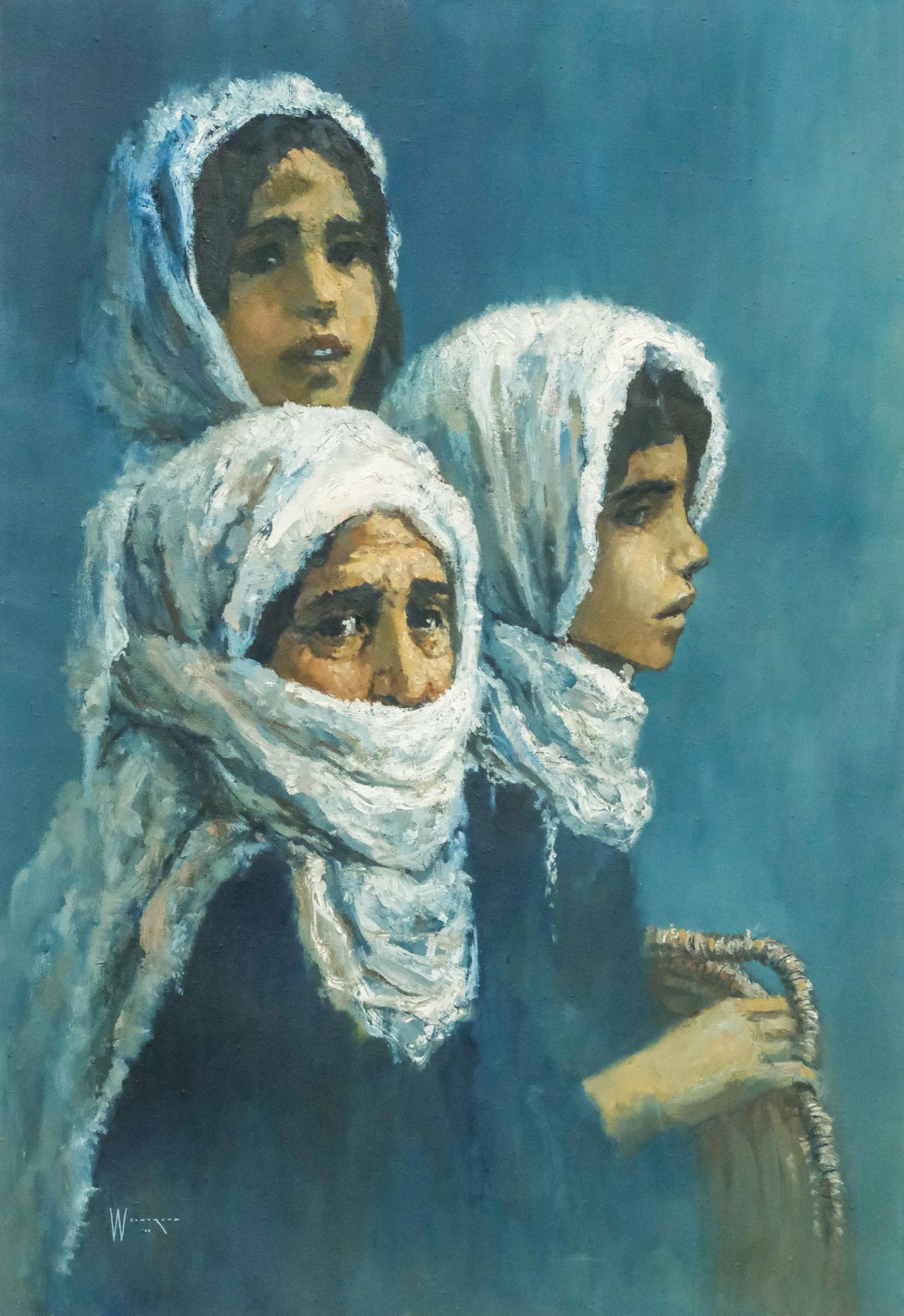 William Weintraub, Three Women: William (Sunny) Weintraub (American, 1926-2017), 1962, oil on canvas depicting two young women and a much older woman, each clad in a white head scarf, signed and dated l.l., 25 1/2" x 37 1/2" canvas,