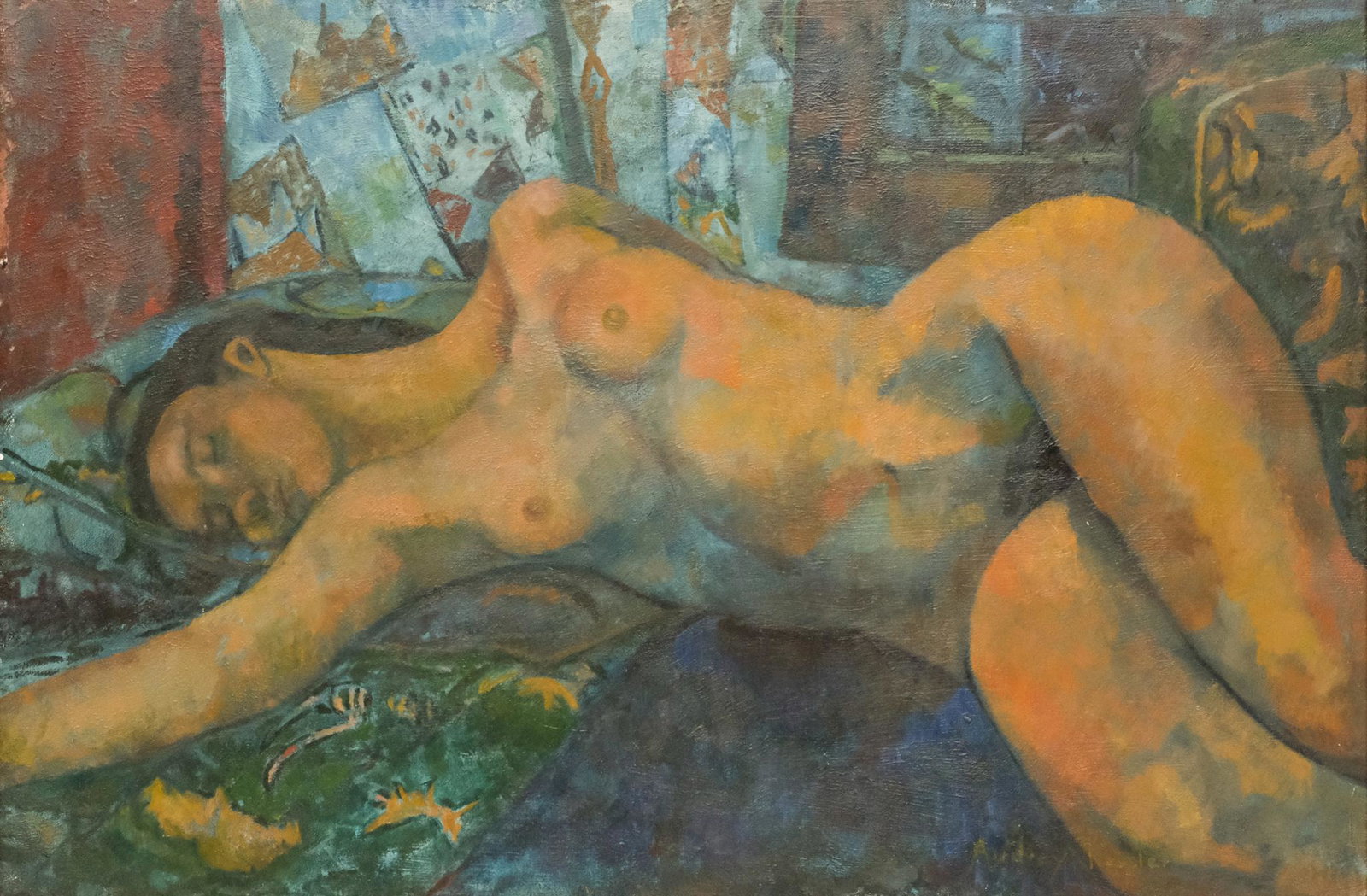 Audrey Kessler, Reclining Female Nude: Audrey Kessler, mid-20th century oil on board depicting a sleeping female nude in a color palette reminiscent of Gauguin's Tahitian portraits, signed l.r., 19 3/4" x 29 3/4" board, 27" x 36 1/2" frame