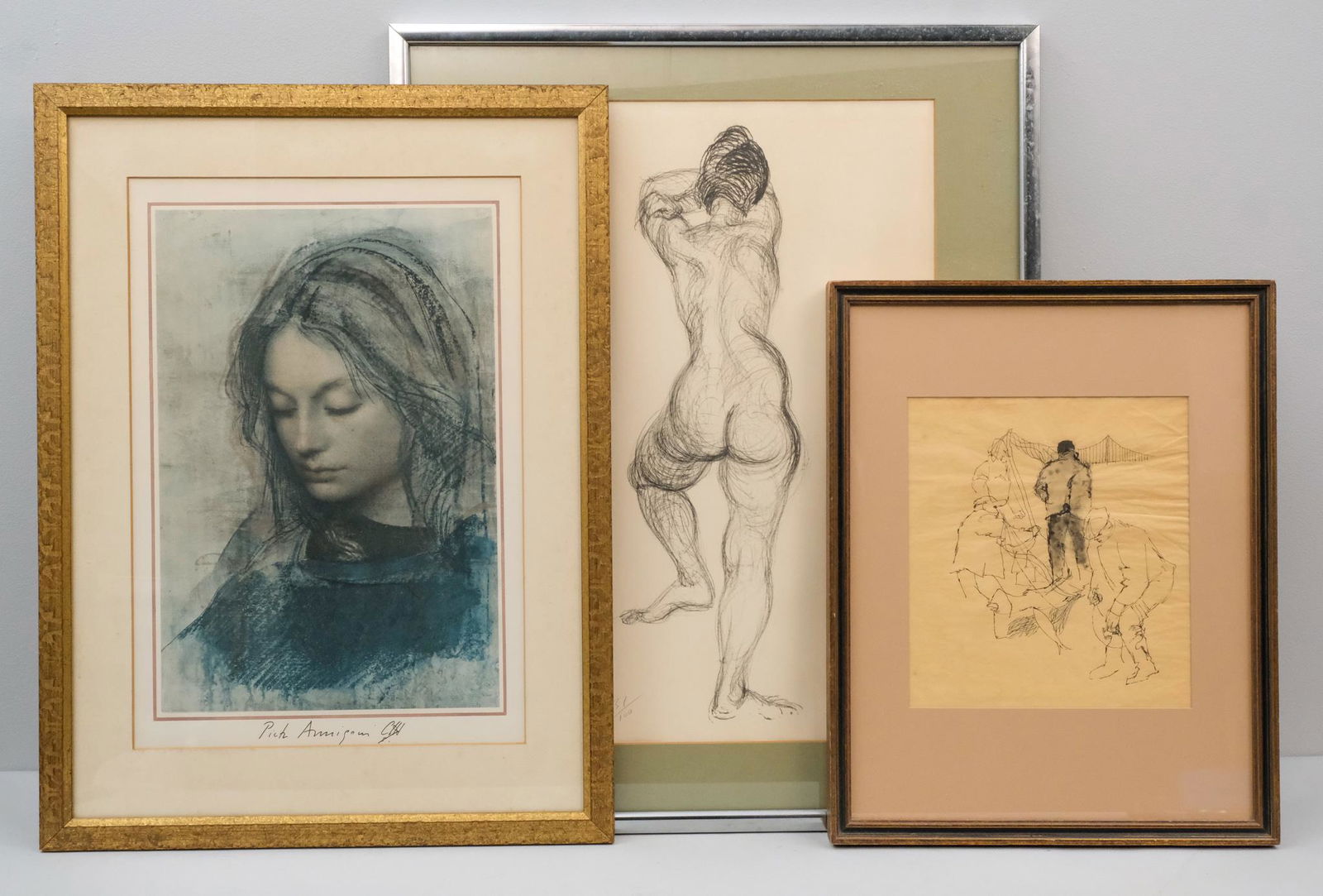 Lot of Figural Studies: Lot consisting of an original lithograph from Pietro Annigoni (Italian, 1910-1988) depicting a young woman's visage from under a veil, signed l.c. (14 3/4" x 21 1/2" sight, 21 1/2" x 28 3/4" framed);