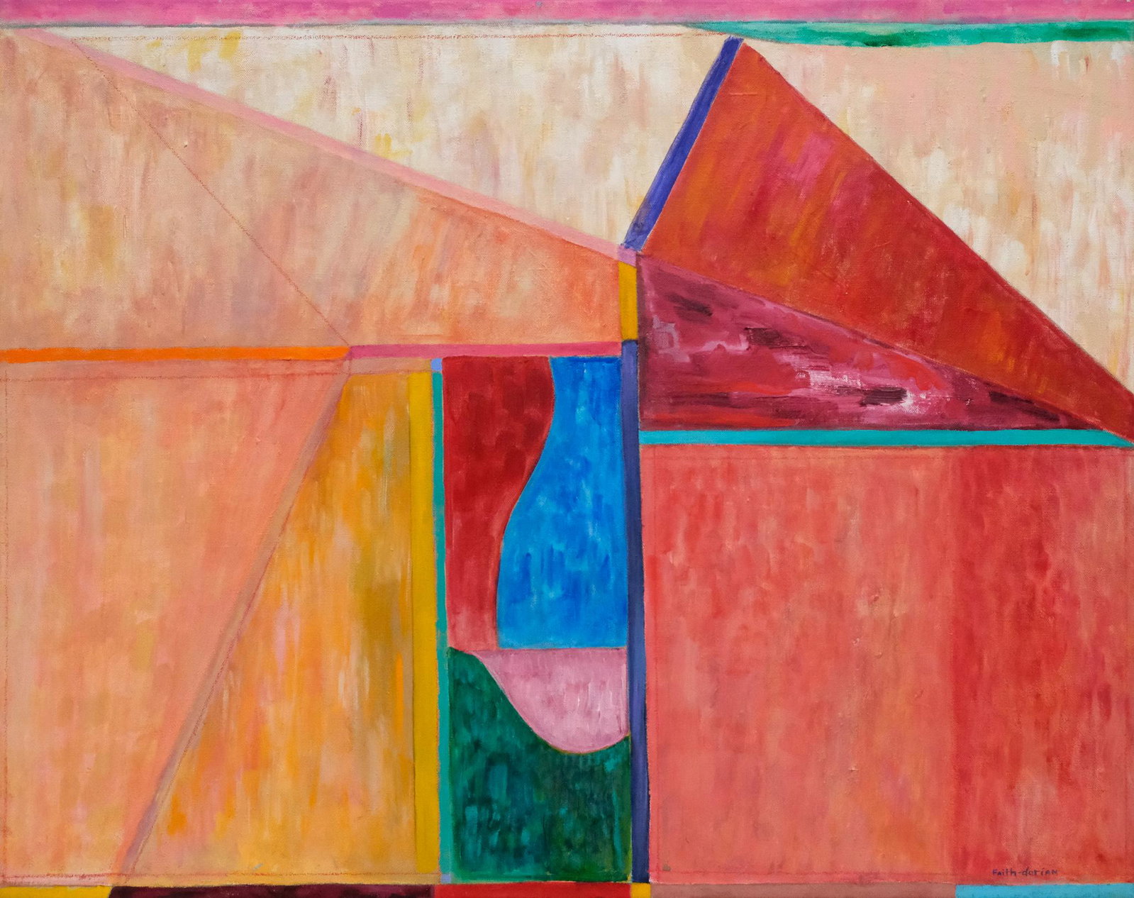 Faith-Dorian Wright, "A Touch of Green": Faith-Dorian Wright (American, 1934-2016), later 20th century acrylic on linen composed predominantly of pink and flesh tone swaths with a vein of green, signed l.r., signed and titled verso, 30" x 38