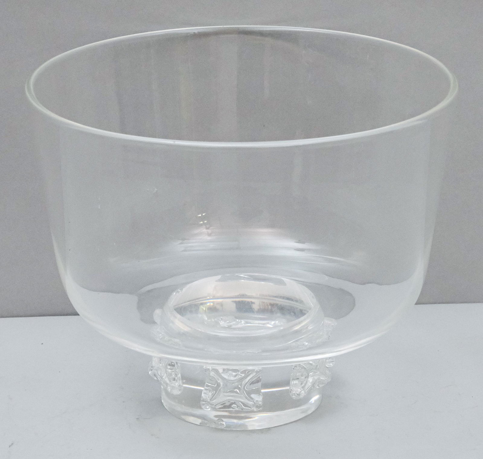 #8116 Steuben Glass Footed Punch Bowl: Footed clear bowl with applied "gems". 7 1/4" x 9". Marked as shown.