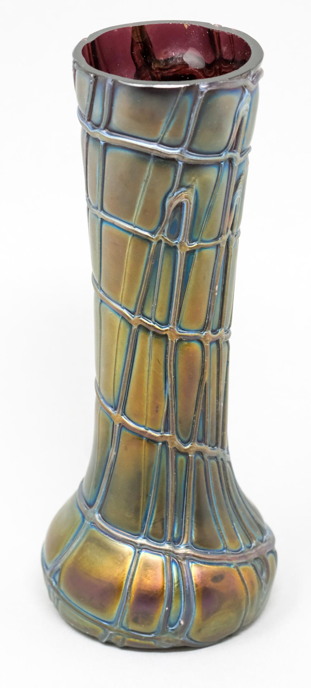 Iridescent Threaded Art Glass Vase: Mid-century iridescent threaded art glass vase in the style of Loetz, 6 1/4" H x 2 1/2" diameter.