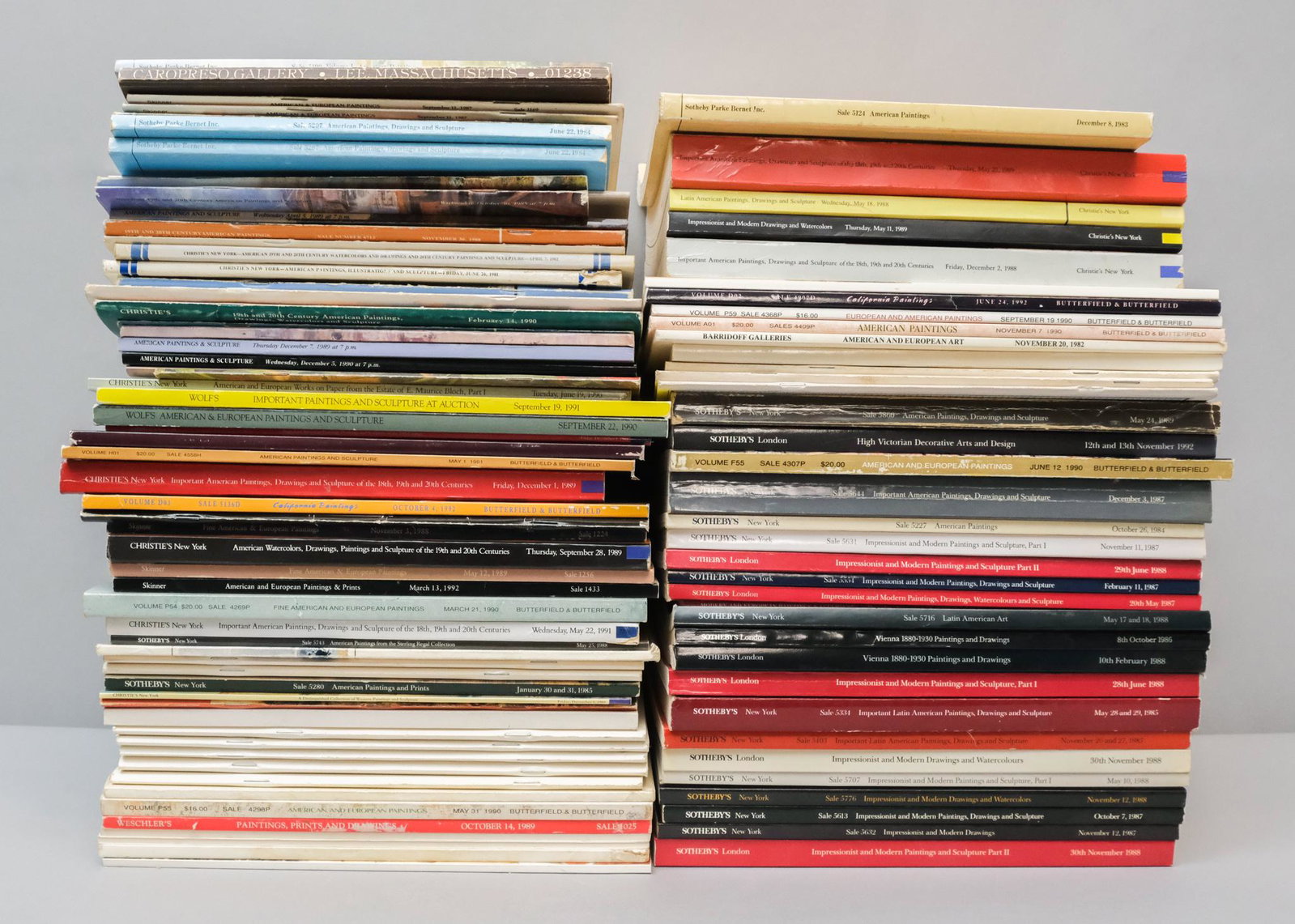 Lot of 80s & 90s Auction Catalogues: Lot consisting of over 80 auction catalogues, including Sotheby's, Christie's, wolf's, Skinner, Weschler's, Butterfield & Butterfield, and more, ranging from 1981 to 1992.