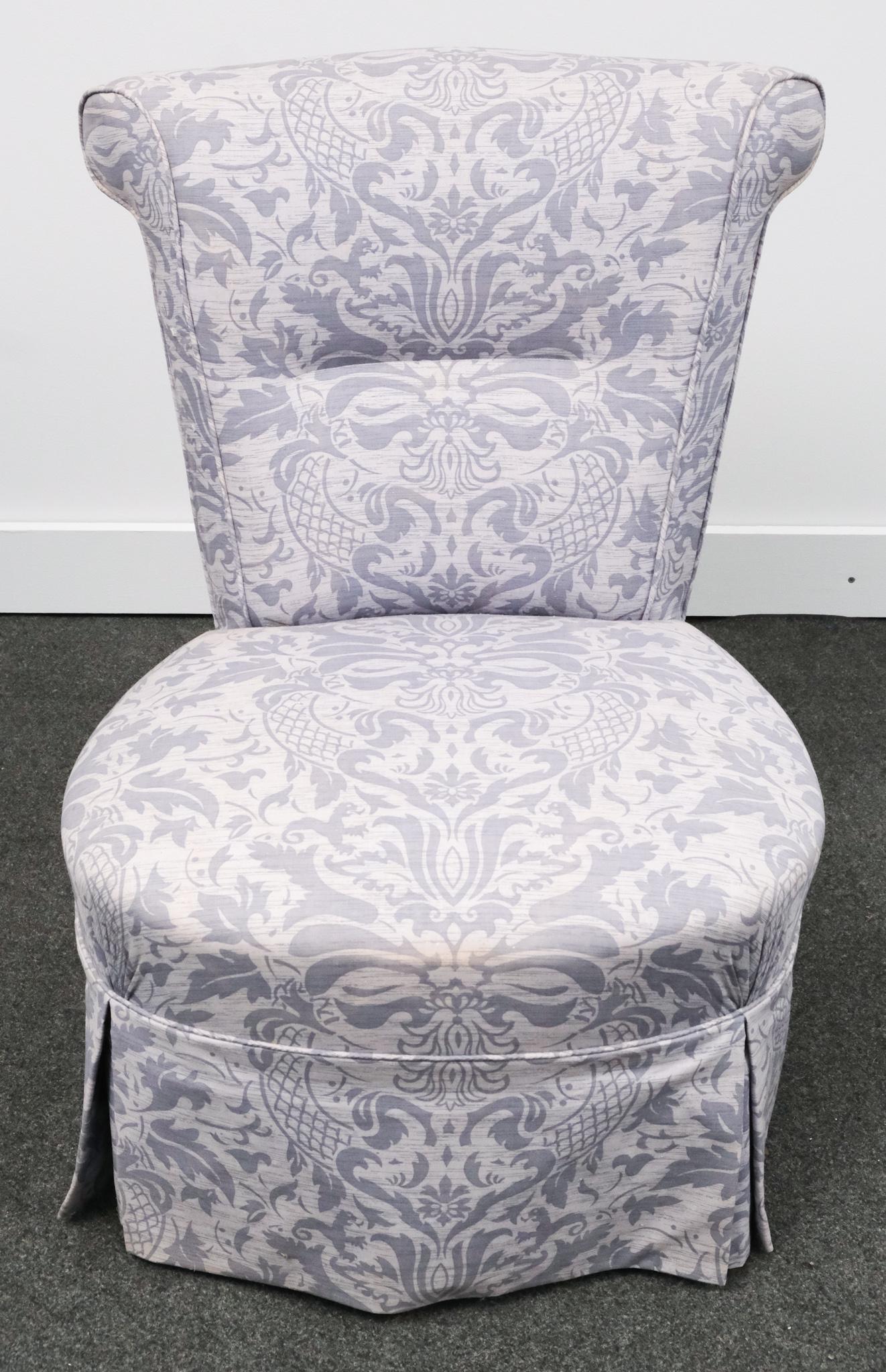 Blue Damask Upholstered Slipper Chair: 20th century blue damask upholstered slipper chair with round seat and scrolled back, 30 1/2" x 20" W x 20" L.