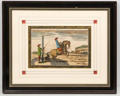 Peter Paul Troschel, Equestrian Engravings: Collection of 8 early 18th century equestrian dressage engravings from Peter Paul Troschel, each featuring horse, rider, and a trainer or two, 7 1/2" x 11 1/2" sight, 18 1/2" x 22 1/2" framed.