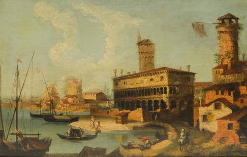 Circle of Canaletto, Venetian Scene: In the style of Giovanni Canaletto (Italian, 1697-1768), 19th century oil on board depicting a Venetian scene from the water, 13 3/4" x 21" board, 19" x 26 1/4" framed.