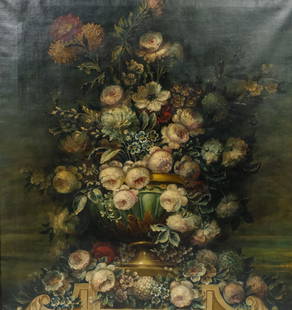 European School, Large Floral Still Life: European, 19th century oil on canvas depicting an urn surrounded by flowers and garlands, 42 3/4" x 45 3/4" canvas, 46" x 48 1/2" framed.