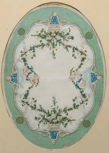 Architectural Decorative Element Panel: Italian, 17th century mixed-media oval design panel with putti, ribbons and garlands throughout, 18 1/2" x 26 1/2" sight, 30" x 37 1/2" framed.