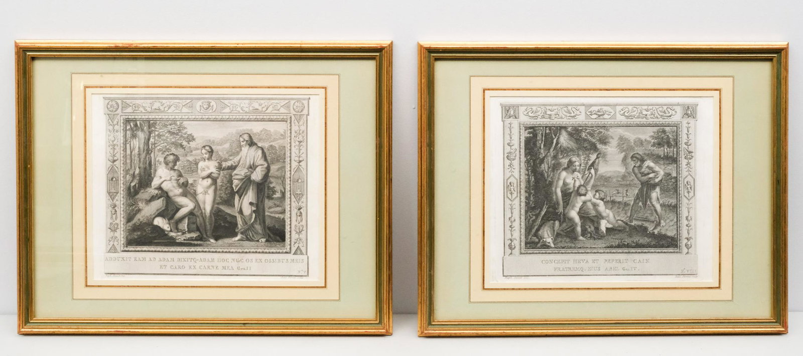 Pair of Biblical Prints After Raphael: Pair of 19th century biblical prints after Raphael (Italian, 1483-1520), engraved by Petrini, 1) depicting the creation of Eve from the rib of Adam, 9 1/2" x 11 1/2" sight, 15" x 19" framed; and 2) de