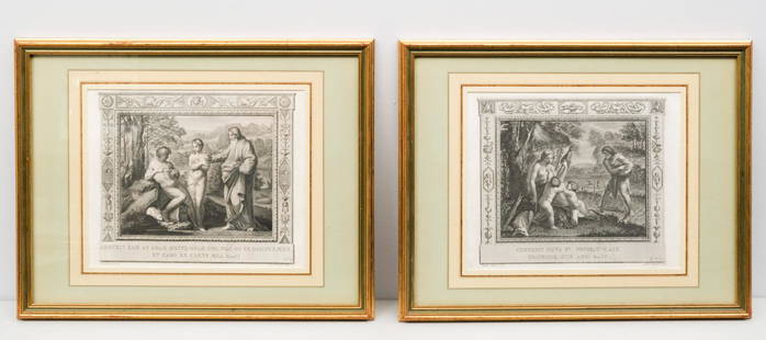 Pair of Biblical Prints After Raphael: Pair of 19th century biblical prints after Raphael (Italian, 1483-1520), engraved by Petrini, 1) depicting the creation of Eve from the rib of Adam, 9 1/2" x 11 1/2" sight, 15" x 19" framed; and 2)