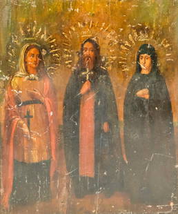 Russian Icon with Three Saints: Russian, 1918, tempera and oil on wood depicting three saints, two women and a man, signed illegibly and dated verso, 8 1/2" x 10 1/2" overall.