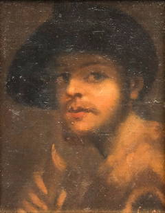 Old Master Style Portrait of a Young Man: 19th century oil on board depicting a young man in the style of the old masters, signed illegibly l.r., 5 3/4" x 7 3/4" sight, 12" x 14" framed.