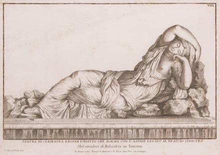 After J. B. de Poilly, Death of Cleopatra Print: After Jean-Baptiste de Poilly (French, 1669-1728), 19th century engraving depicting a statue in the Vatican of a sleeping Cleopatra, unaware of the asp wriggling up her arm, 9 1/4" x 14" sight, 19